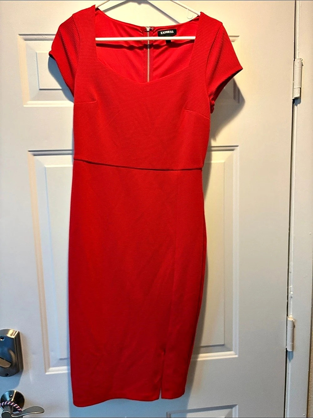 Express Ribbed Knit Square Neck Midi Sheath Dress Red Small